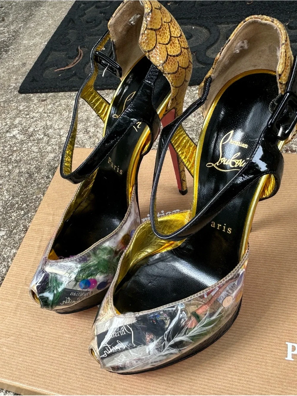 Christian Louboutin Multicolor Peep-Toe Platform Sandals with Black Ankle Straps